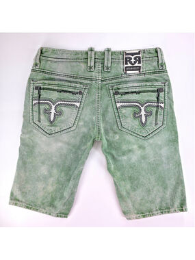 Y2K Rock Revival Cyrek Shorts Men 34 Green Acid Wash Distressed Bermuda
